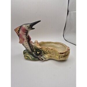 Shafer 23k Gold Marlin Sailfish Swordfish Decor Figural Pottery Planter Vintage